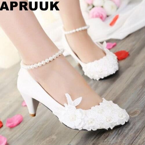 4.5cm med heel ankle beading anklet lace wedding shoes woman plus size 41 42 wedding pumps shoes for woman with beading straps