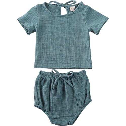 Free shipping Newborn Kids Baby Boys Girls Clothes round neck short sleeve pullover Tops solid Bandage Shorts 2pc Toddler Outfit