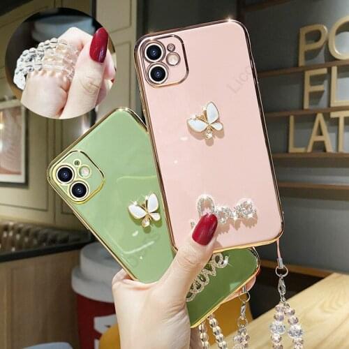 Case For iPhone 12 Pro Max 12 Mini 11 XS XR X SE2 8 7 6 6S Plus 3D Bowknot Pattern Diamond Crystal Lanyard Plating Cover Fundas