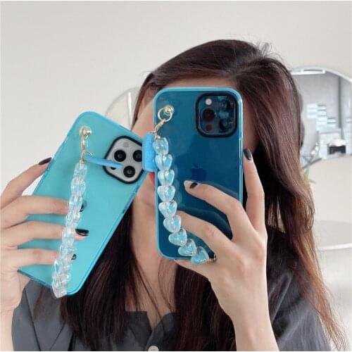 Sky Blue Love Heart Bracelet Phone Case For iPhone XR 11 12 Pro Max SE20 8 Plus 7 XS X Clear Chain Soft TPU Cover Shockproof Bag