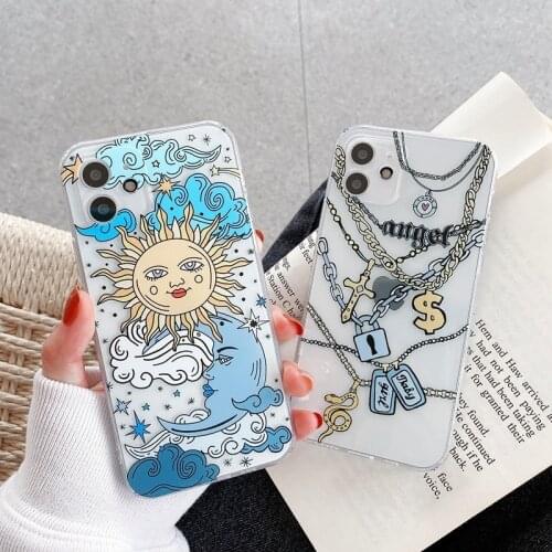 Cute 3D Cartoon Sun Moon Necklace Pattern Phone Case For iPhone 11 12 Pro Max Mini 11Pro XS Max X XR SE 2020 7 8 Plus Soft Cover