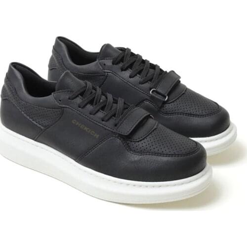 Chekich Mens Shoes Black Color Lace Up Artificial Leather Spring and Autumn Seasons Sneakers Casual Breathable Vulcanized Lightweight Velcro Band Odorless Comfortable Suits Office White High Sole CH073 V6