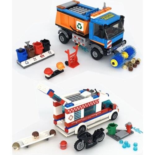 City Medical Ambulance Sweeper Cleaning Work Cars Idea Building Blocks Kits Bricks Set Classic Model Kids Toys For Children Gift