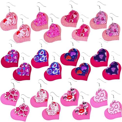 Valentines Day Cute Print Leather Earrings Female Drop Multilayer New Love Heart Sequin Flash Fashion Jewelry Gift Wholesale