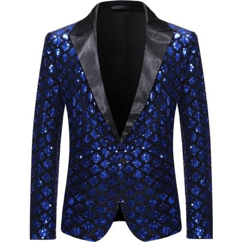 Mens Shiny Royal Blue Suit Blazer Jacket One Button Tuxedo Blazer Men Party Wedding Banquet Prom Blazers Stage Costume Homme