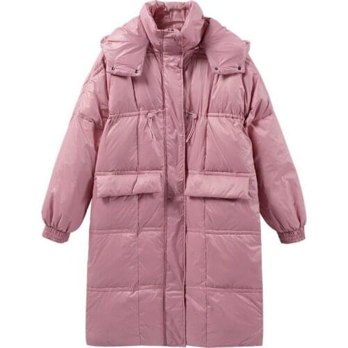 Winter 2021 new fashion down jacket womens mid-length over-the-knee loose and thin shiny long-sleeved jacket