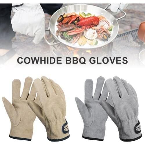BBQ Gloves Cowhide Heat Insulation Leather High Temperature Resistance Oven Fireplace Outdoor Gloves for Baking Forge Barbecue