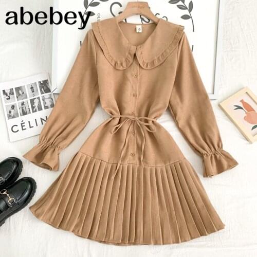 Sweet doll collar long sleeve Dress Pleated Ruffles patchwork high waist bandage mid-length A-line Dress 2021 New Spring Autumn