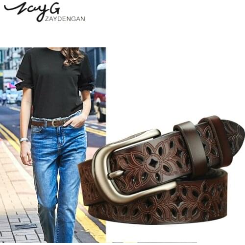 ZAYG Women Fashion Wide Genuine Leather Belt Floral Carved Cow Skin Belts for Female Jeans Quality luxury Vintage Ceinture Femme