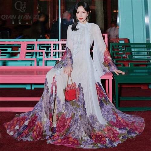 Qian Han Zi spring designer runway Party dress Womens Bow Collar Ruffles Fashion Beach Long Dress Print Pleated Maxi dress