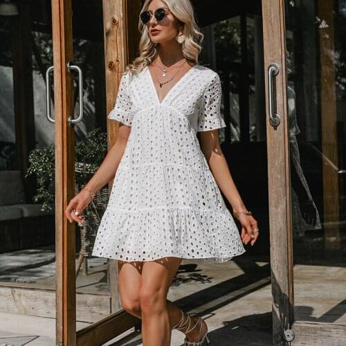 Sexy v-neck lace stitching white dress Short-sleeve solid women dress boho A-line dress
