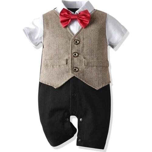 Kid Boy Bow Romper Newborn Baby Clothes Cotton Jumpsuit Summer Gentleman Short Sleeves Vest Suit For 6-24 Months Baby