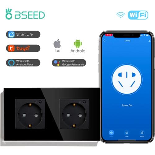 BSEED EU Wifi Smart Socket Power Double Wall Plug Socket Triple Electric Socket Crystal Galss 16A 250V Support Tuya Smart Life