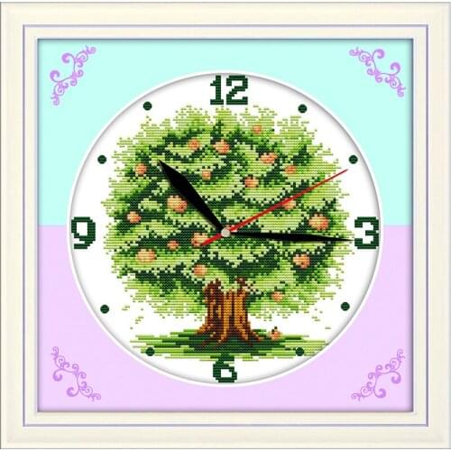 Everlasting Love Hoping Tree With Fruit Wall Clock Ecological Cotton Cross Stitch 11CT And 14CT Printed DIY Christmas New Year