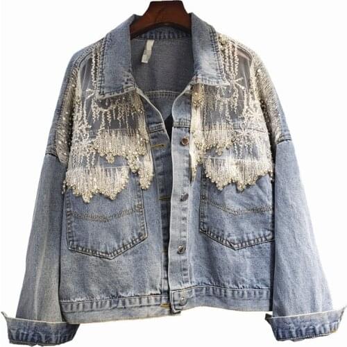 Women White Denim Jacket Loose Big pocket Fashion Sequin Lace Stitching Diamonds New 2021 Spring Autumn Casual Female Basic