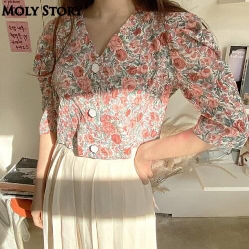 New Sweet Floral Blouse V Neck Print Cropped Top Puff Sleeve Shirts Chiffon Tops Ladies Shirt