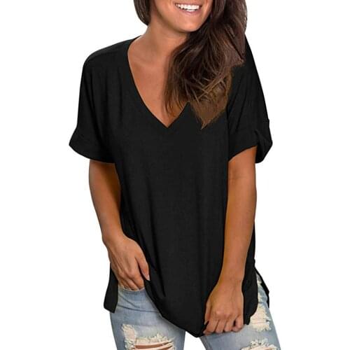 Woman Tshirts Solid Harajuku Plus Size Summer V Neck Short Sleeve Shirt Elegant Pullover Casual Brief Tunic Tops mujer camisetas