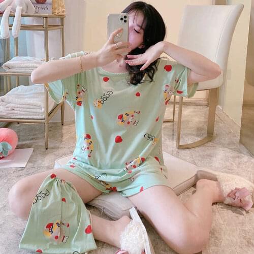 2020 Cotton Short Sleeve Ladies Pijama Sets Homewear Cute Cartoon Lounge Wear T-shits Simple Sleepwear Pyjamas Womens Pajamas