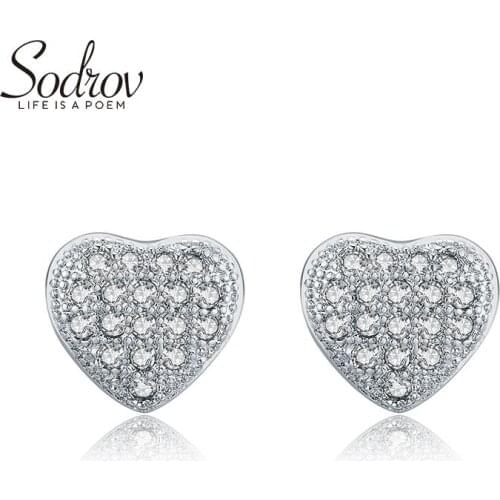 Sodrov Silver Earrings 925 Silver Jewelry Stud Earrings For Women Love Shape AAA Zircon Heart Earrings