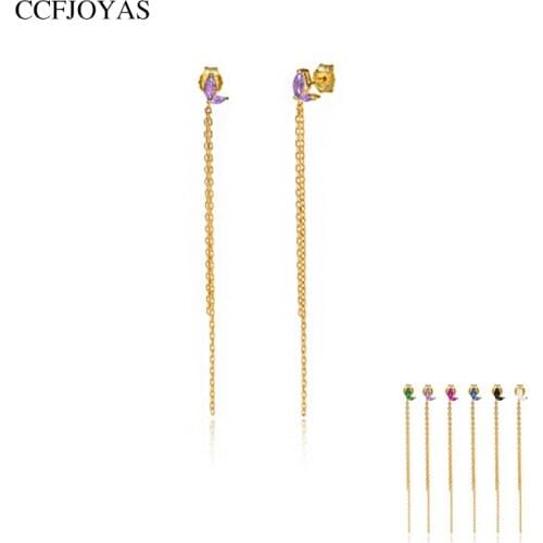 CCFJOYAS 925 Sterling Silver Green/White/Black/Purple Two Leaves Zircon Stud Earrings for Women Simple Gold Chain Earrings