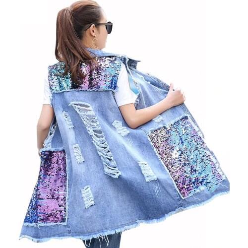 Spring Autumn Long Cardigan Denim Jacket Women Sequined Sleeveless Jeans Jackets fashion ladies blue Hole Coat Plus Size Outwear