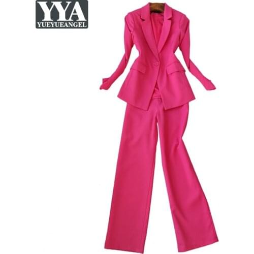 Office Ladies Work Suit Sets High Waist Wide Leg Pants Single Button Blazer Jacket Two Piece Set Career Slim Fit Suits Outfits