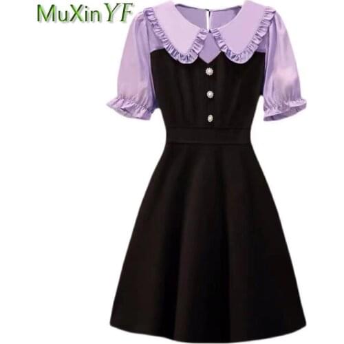 Womens Romantic Purple Short Sleeve Mini Dress Summer 2021 Office Lady Graceful Peter Pan Collar Dresses Fashion Clothes Female