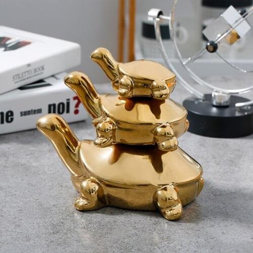 Nordic Creative Golden Ceramic Turtle Three Piece Handicraft Animal Ornaments Living Room TV Cabinet Home Decorat Accessories