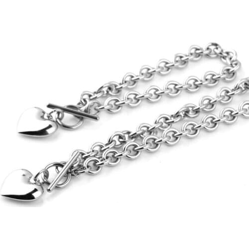 1Set Women Stainless Steel Chain Heart Toggle Bracelet Necklace Jewelry Gifts A0KD