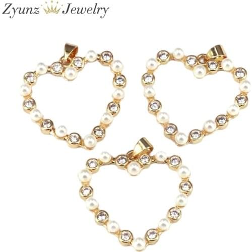 5PCS,Unique Cubic Zirconia Pave Pearl Open Heart Pendant Love Pendant Gold Plated
