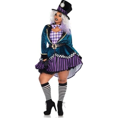 7pcs Clown Mad Hatter Costume for Adults Women Fantasias Sexy Magician Cosplay Halloween Carnival Magic Dress 07