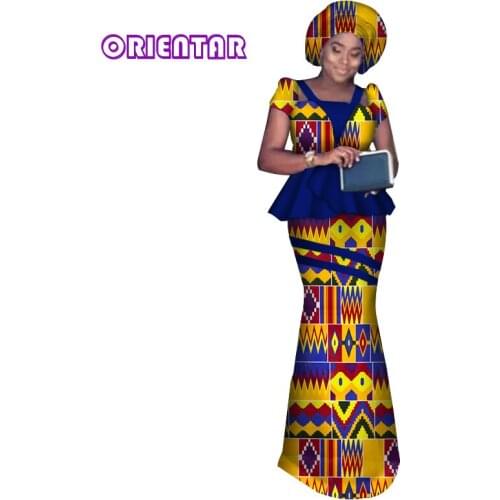 African Outfits Women Skirt Sets with Headscarf African Print Tops and Long Skirts Plus Size 2 Piece Set African Clothes WY3668