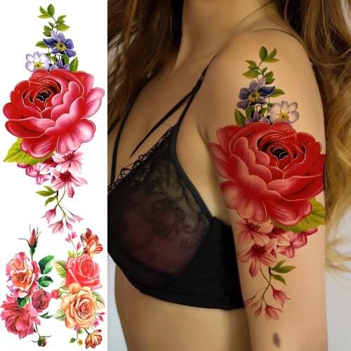 Watercolor Peony Flower Temporary Tattoos For Women Girls 3D Anemone Dahlia Rose Tattoo Sticker Fake Body Sexy Tatoo Half Sleeve