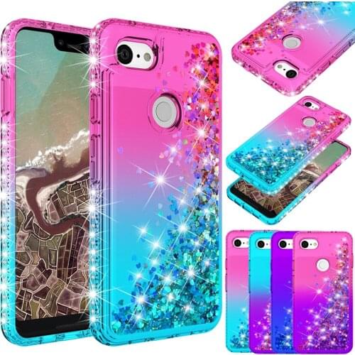 Bling Phone Case For Google Pixel 3a XL Quicksand Liquid Sequin Glitter Diamond Hard Clear Back Cover Thin Slim Transparent 3a