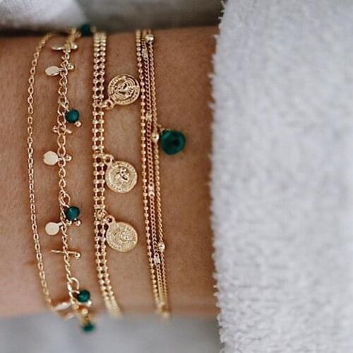 Bohemian modern stylish gold plating 6pc bracelet set coins & beads simple fashion bracelet gift