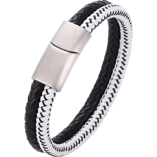 Special Design Stainless Steel Magnetic Clasp Double Layered Handmade Bracelet Braided Leather Rope Wristband Men Jewelry PD1069