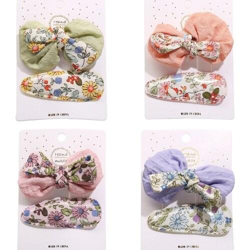 2Pcs/set Floral Bow Children Hairpin Kids Headdress Printed Side Bangs Clip Fashion Accessories