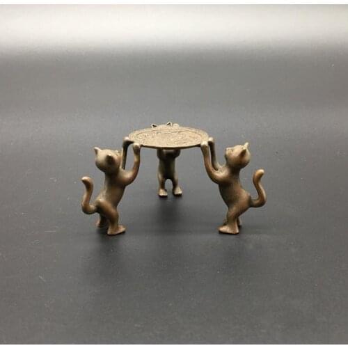 Chinese Brass Carved Tea Ceremony Pot Seat Cup Seat Animal Lovely Cats Incense Stand Exquisite Small Statues 63g