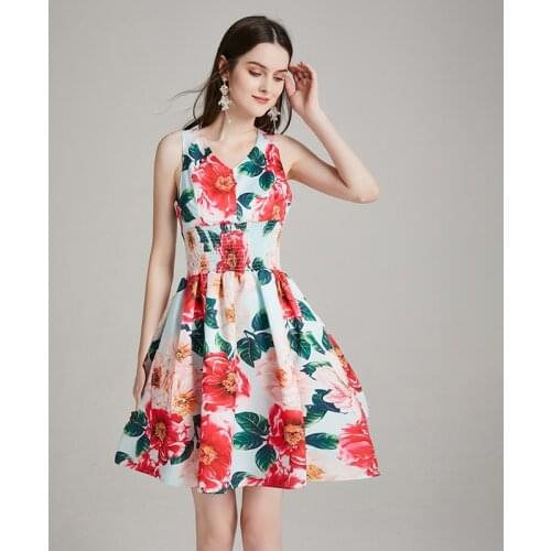 Floral Print Summer Mini Dress Sleeveless Vintage Beach Boho Dress Elastic Waist V-Neck Party Dress Runway Europe Elegant k1117
