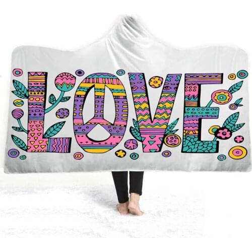 Love Words 3D Printed Plush Hooded Blanket for Adults Kid Winter Warm Wearable Fleece Custom Throw Blankets