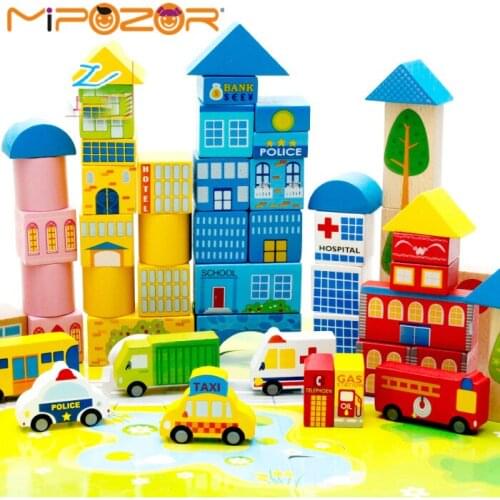 MIPOZOR 160Pcs Wooden Designer Model Building Kits 3D Blocks Kids Educational Toys City Series DIY Farm Traffic Car Bricks