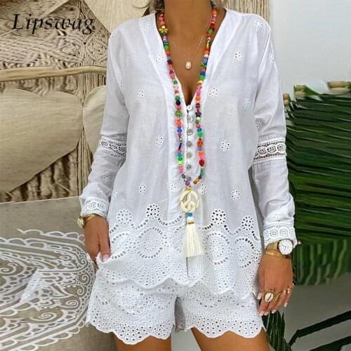 Fashion Summer Women Two Piece Set Sexy Button V Neck Pullover Tops + Loose Shorts Outfits Autumn Casual Long Sleeve Shirt Suits