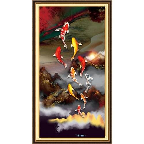 5DDIY Diamond Painting Nine Fish Figure Cross Stitch Full Embroidery Embroidery Set Cross Stitch Mosaic Home Auspicious Decorati