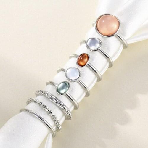 New Korea 8 Pieces/Set of Retro Colored Gemstone Metal Chain Fashion Contrasting Joint Ring Set Unisex Jewelry Fashion Trendy