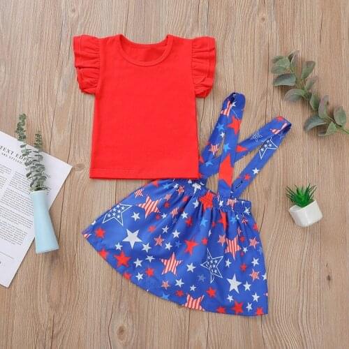 6M-4Y Infant Kids Baby Girl Fly Sleeve Cotton T-shirt Tops Star Print Suspender Skirt 2PCS Outfits Girls Clothing Set