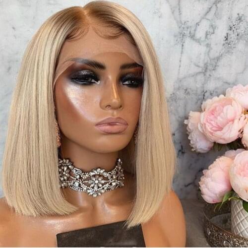 Ombre 4T613 Human Hair Wig 13X4 Transparent European Remy Pre Plucked Glueless Brown Blonde Short Bob Lace Front Wigs 180Desnity