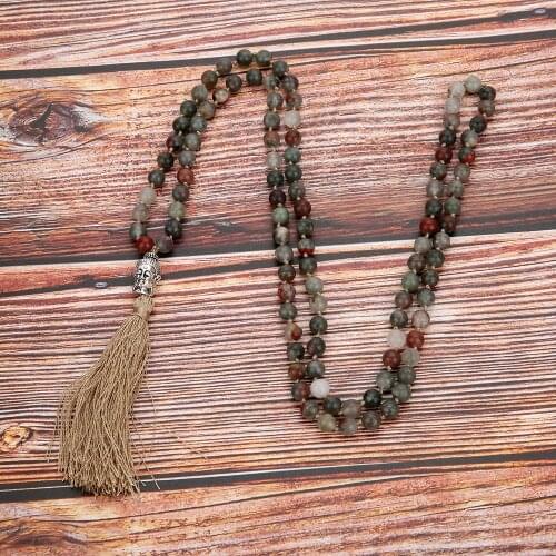 6/8mm Natural Bloodstone 108 Mala Beaded Knotted Necklace Meditation Yoga Tibetan Buddha Head Tassel Pendant Japa Rosary Jewelry