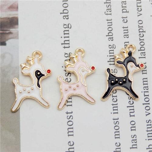 Julie Wang 6PCS Enamel Deer Charms Mixed Black Pink White Small Animal Pendants Alloy Gold Tone Jewelry Making Accessory