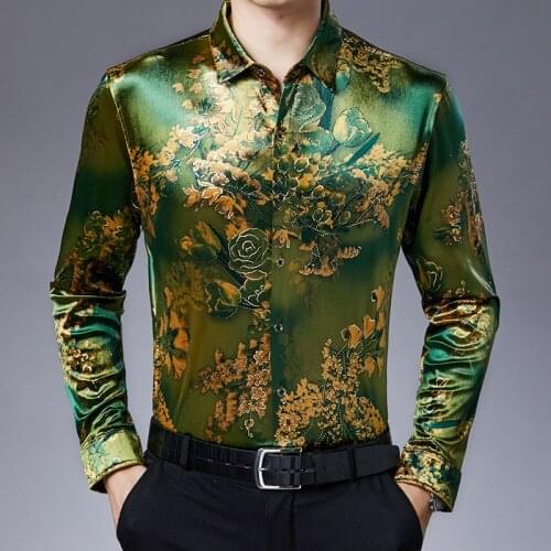 Plus Size Stretch Velvet Mens Shirts Summer Flowers Shirts For Mens Green Gold Autumn Blouse Velour Mens Clothing 2021 Long Slee