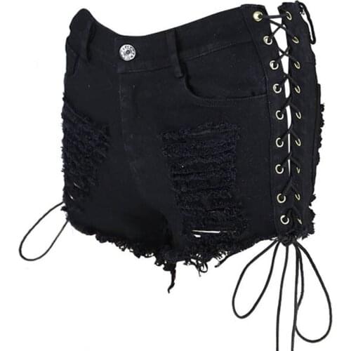 Gothic Denim Shorts Bandage Black Hole Sexy Lace-Up Fashion Summer Slim Ripped Jeans Short Pants Lacing Goth Casual Shorts